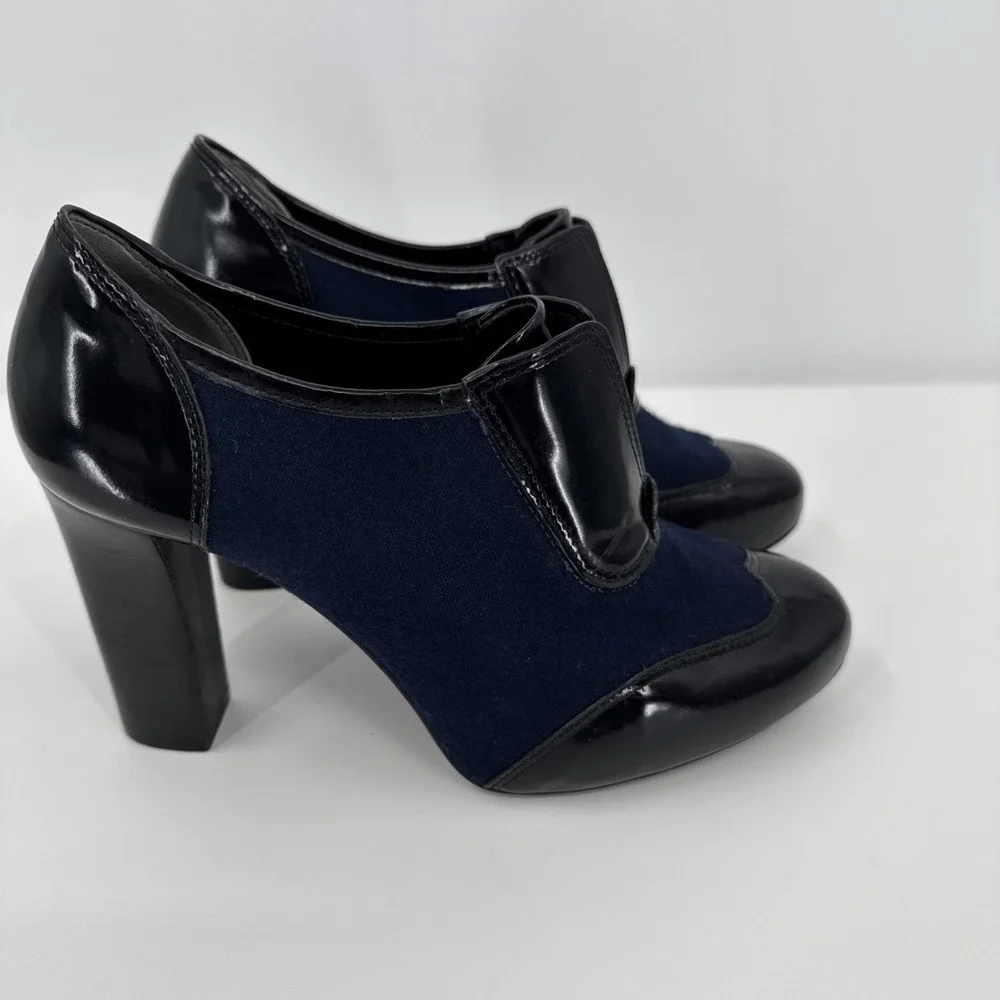 Tory Burch Black‎ Navy Leather Block Heel Ankle Women Bootie Size 6.5 Wingtip